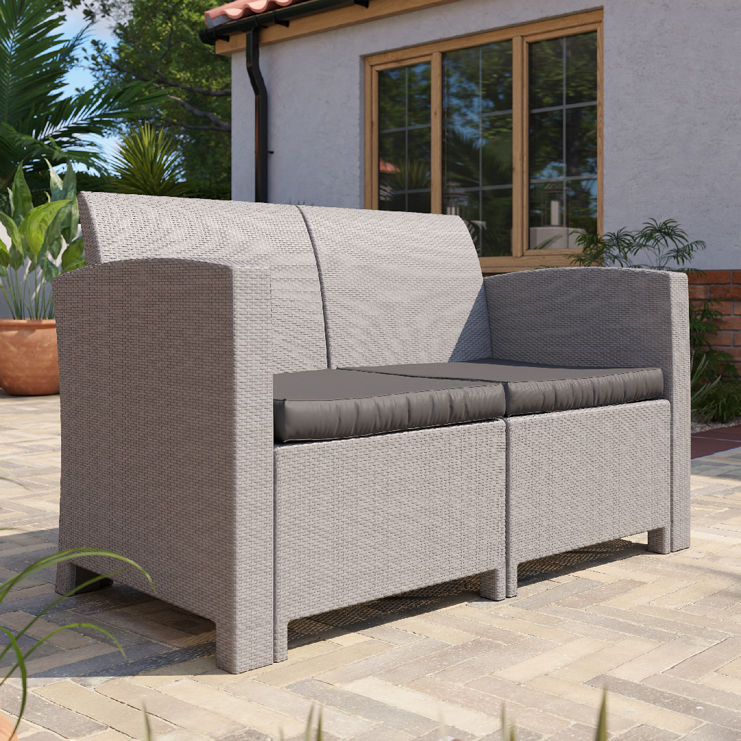 Click to view product details and reviews for 2 Seater Rattan Effect Sofa In Grey With Cushions Marbella.